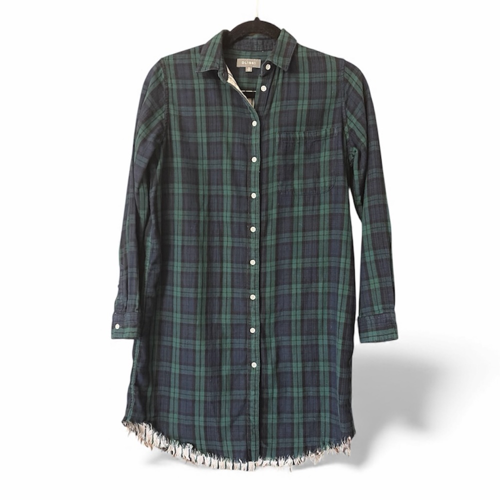 DL1961 Blue and Green Plaid Button-Up Shirt Dress
